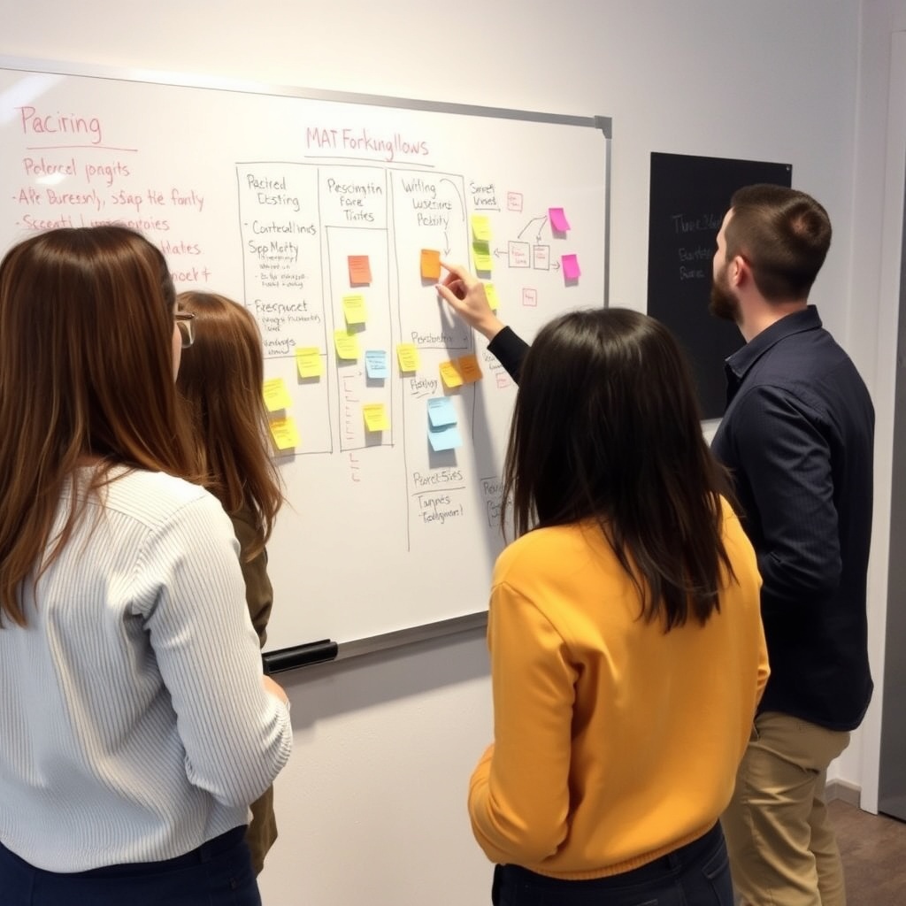 Team planning strategy at whiteboard